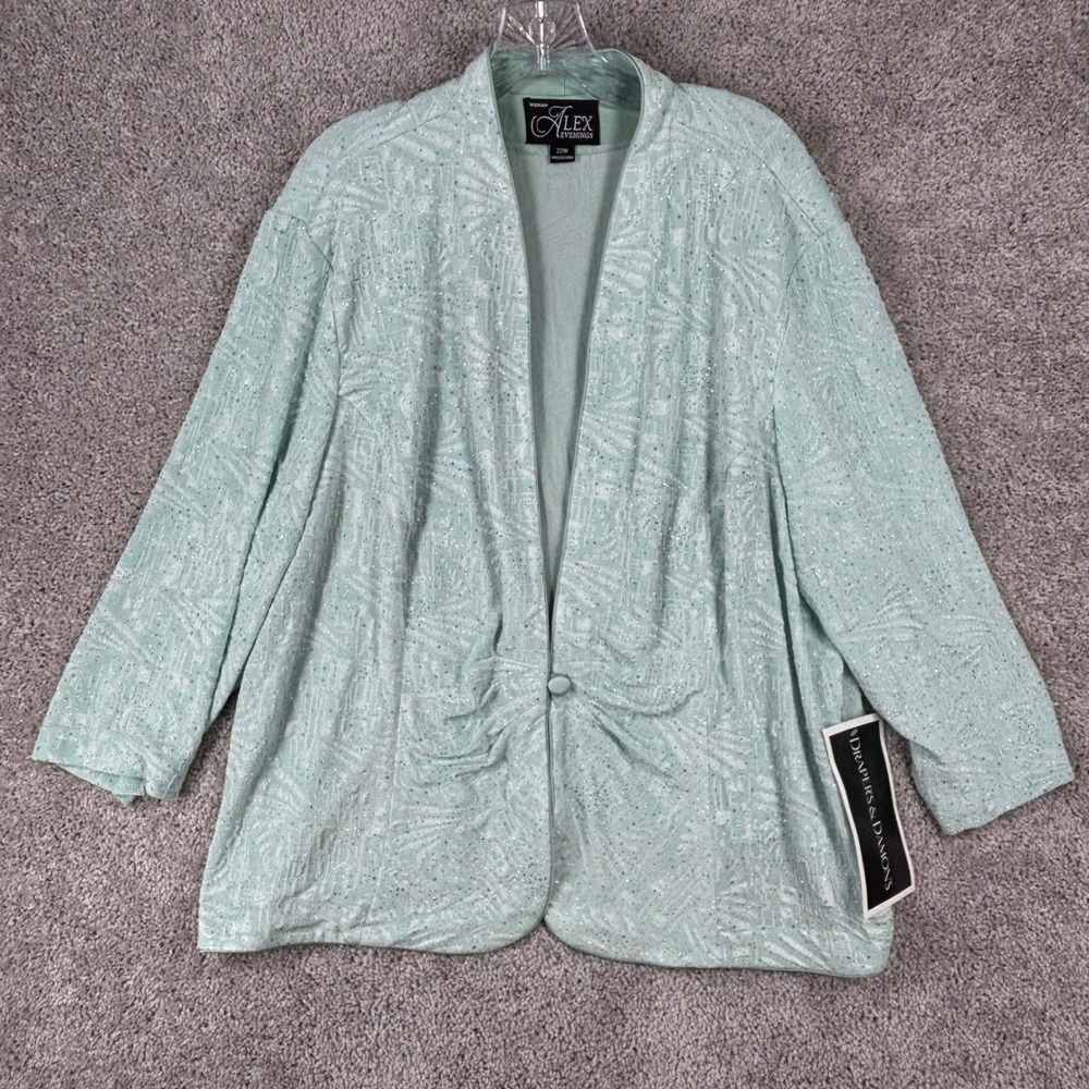Alex Evenings Mint Green Glitter Knit Button Front Evening Jacket Plus Size 22W